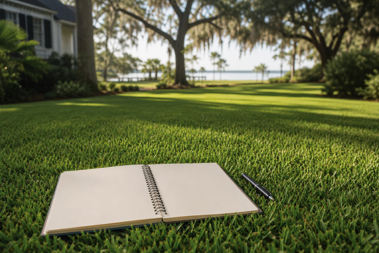 Planner on striped turf — month-by-month lawn priorities for Charleston homeowners.