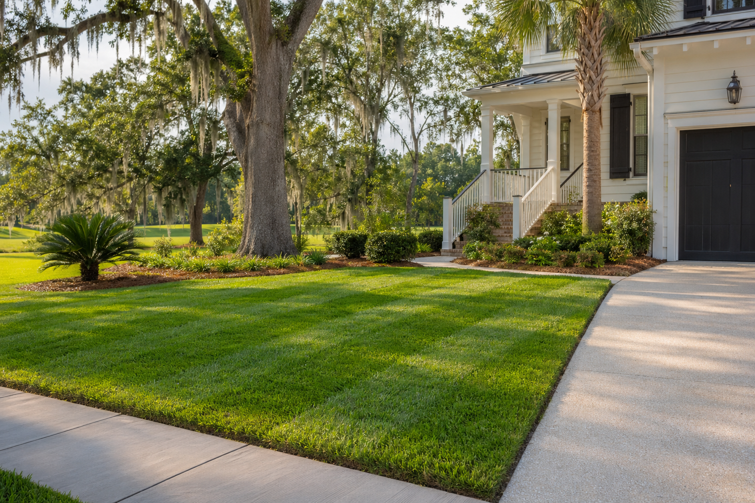 Luxury Charleston lawn: crisp edging, pine straw beds, live oaks, clean driveway.