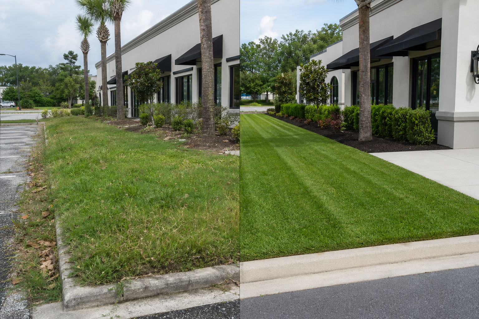 Commercial landscape: maintained entries and frontage.