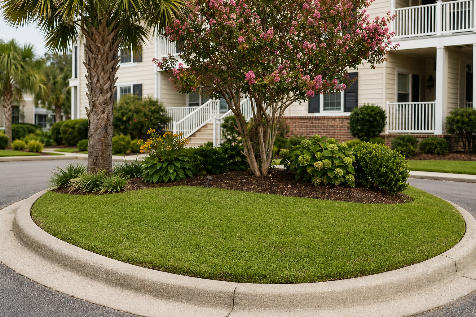 Multifamily grounds: maintained turf and beds.