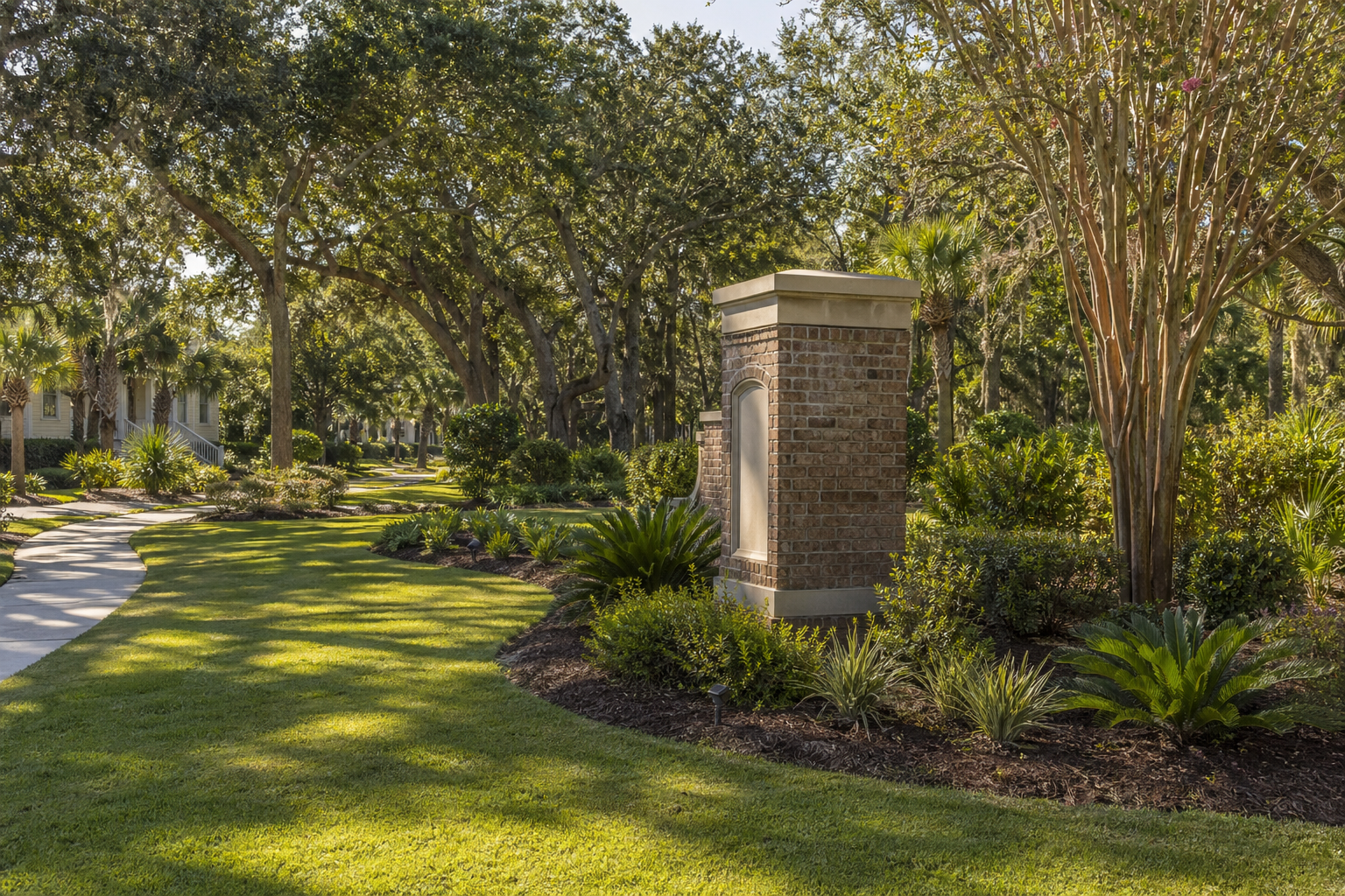 HOA or neighborhood common area with consistent mowing, edges, and bed maintenance.