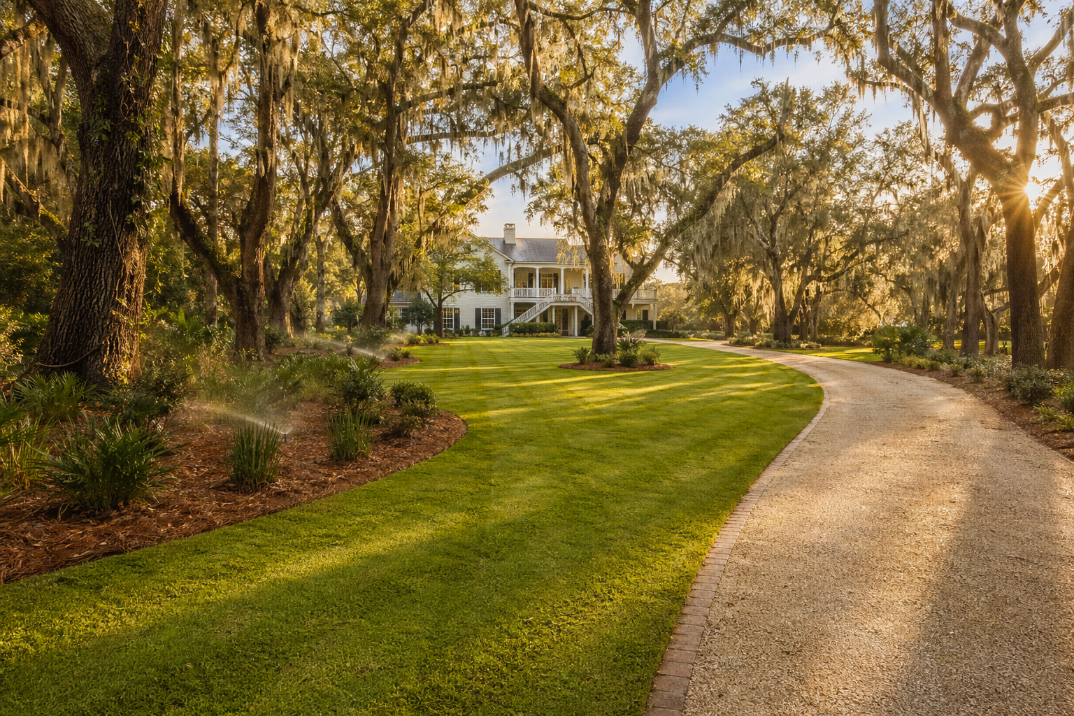 Large estate: long turf lines and oak canopy.