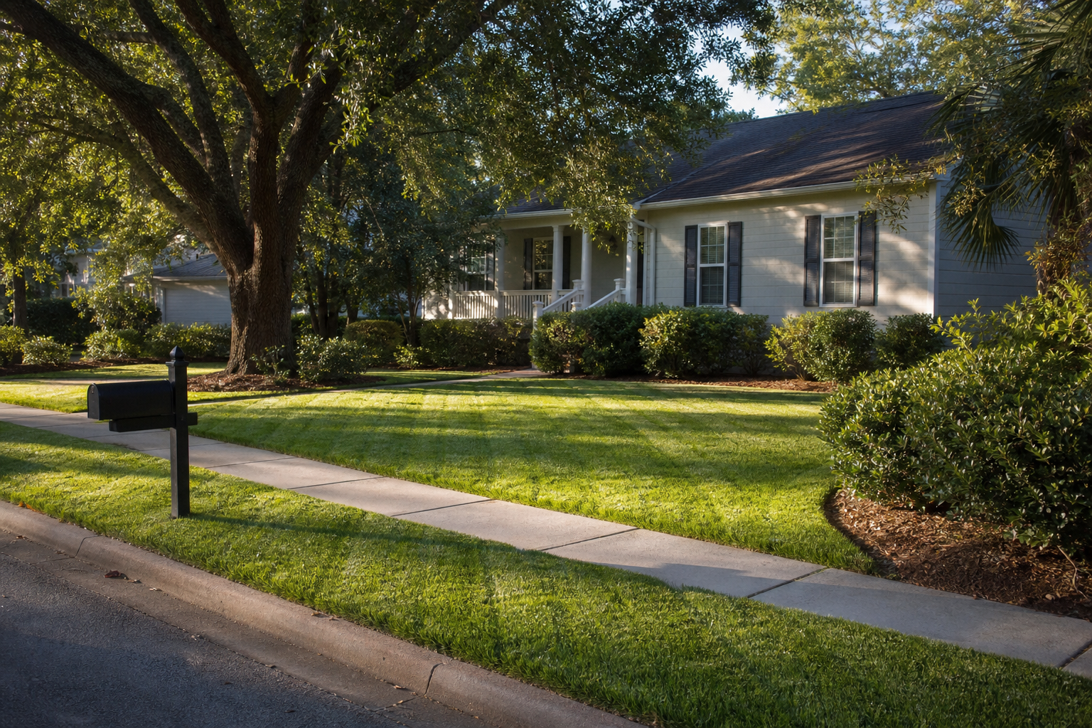 Weekly lawn maintenance in James Island, SC—striped warm-season turf and sharp presentation between visits.