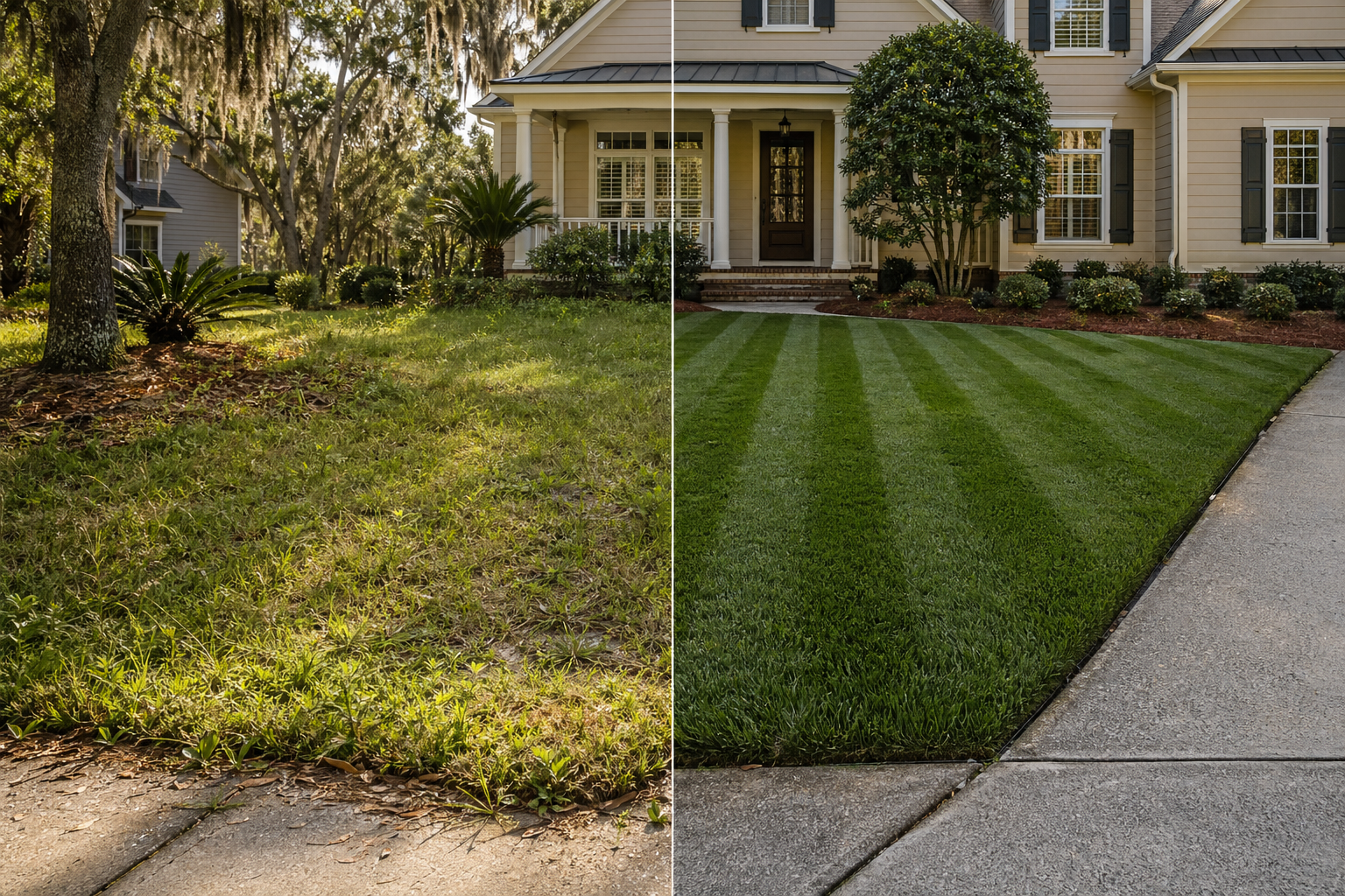 HOA-ready lawn: striped turf and refreshed beds.