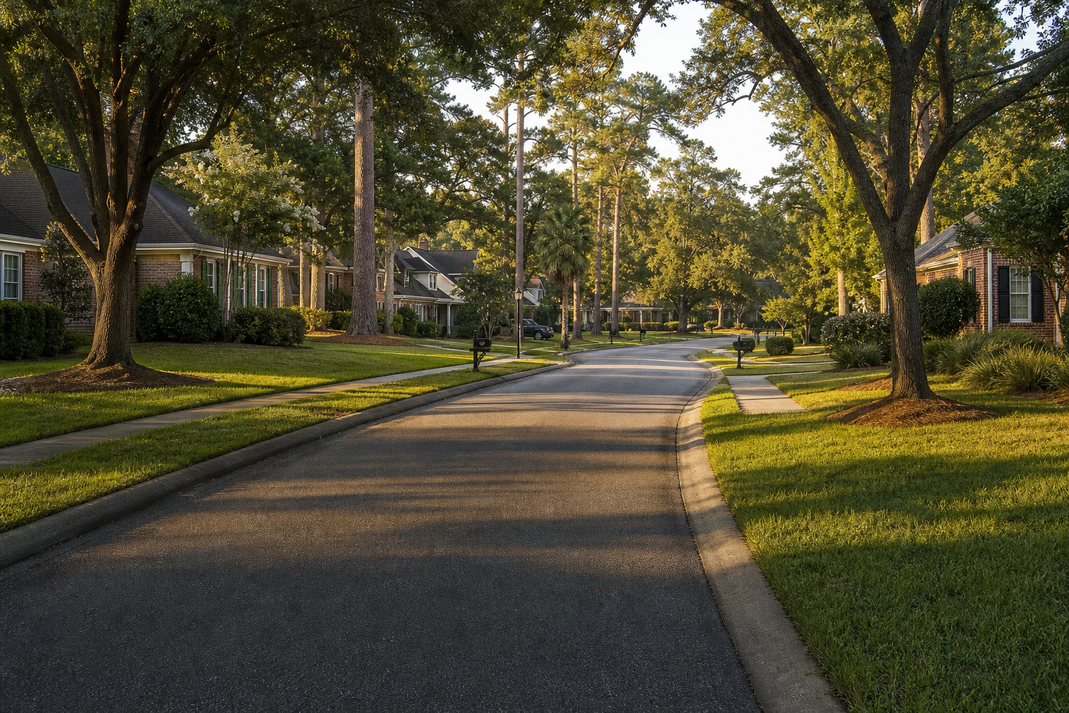 North Charleston lawn maintenance banner: suburban Lowcountry curb appeal—healthy warm-season turf, sidewalk strips, and neat edges typical of Park Circle, Mixson, and Dorchester Road corridors.