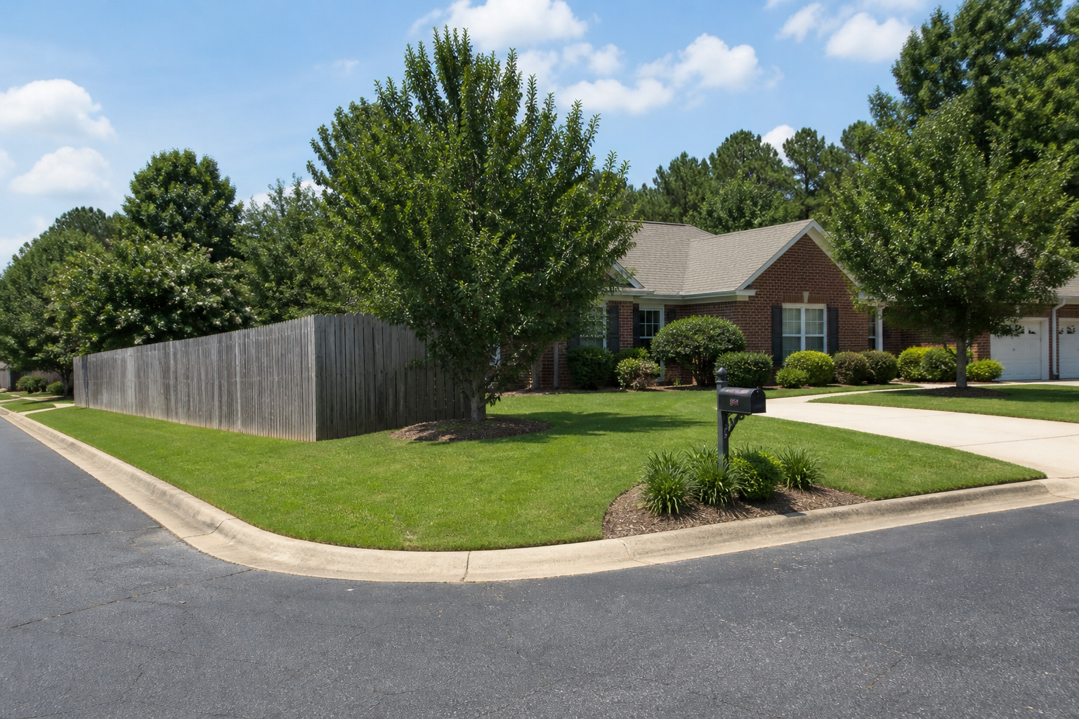 Corner lot suburban lawn in North Charleston metro with fence line, mailbox strip, and crisp edging along curb and driveway.