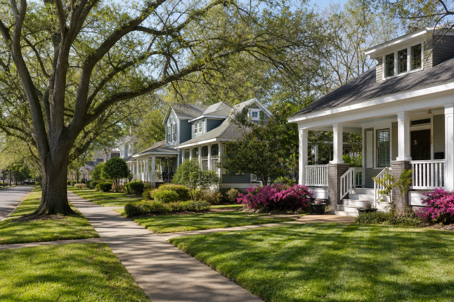 Tree-lined residential street with neat warm-season lawns—typical Park Circle style curb appeal in North Charleston, SC.