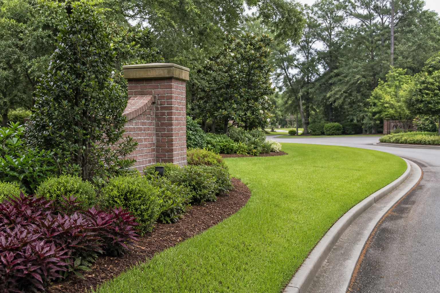 Subdivision entrance landscaping with edged turf and mulch beds—HOA-facing weekly presentation in North Charleston area neighborhoods.