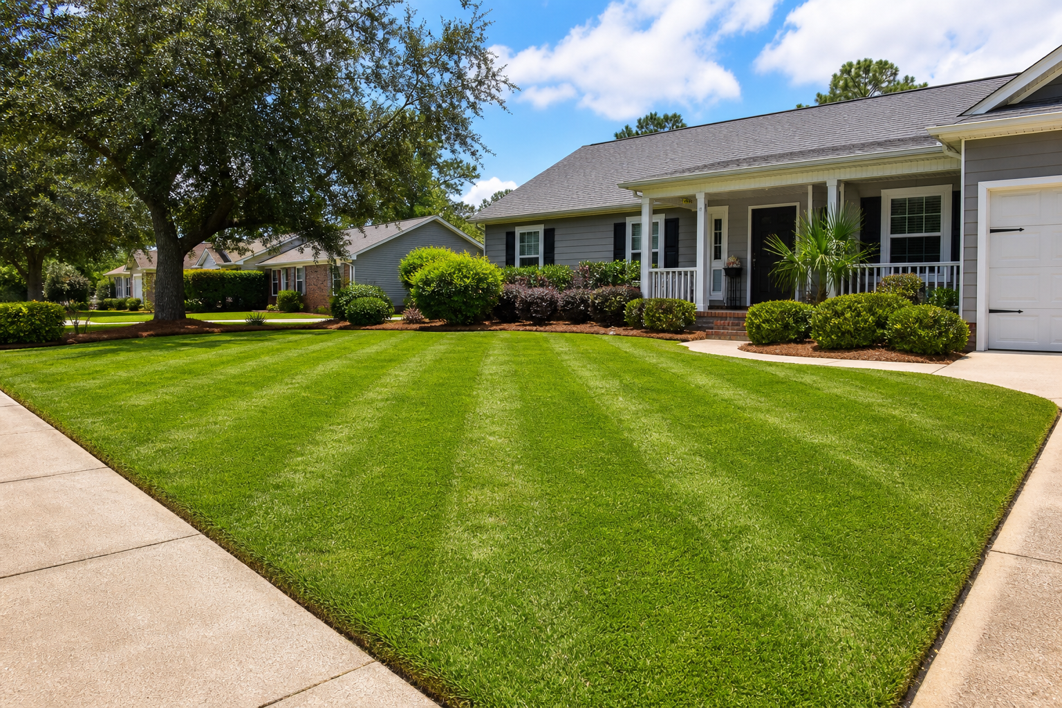 Well-maintained North Charleston residential lawn with neat edging, healthy warm-season turf, and clean curb presentation.