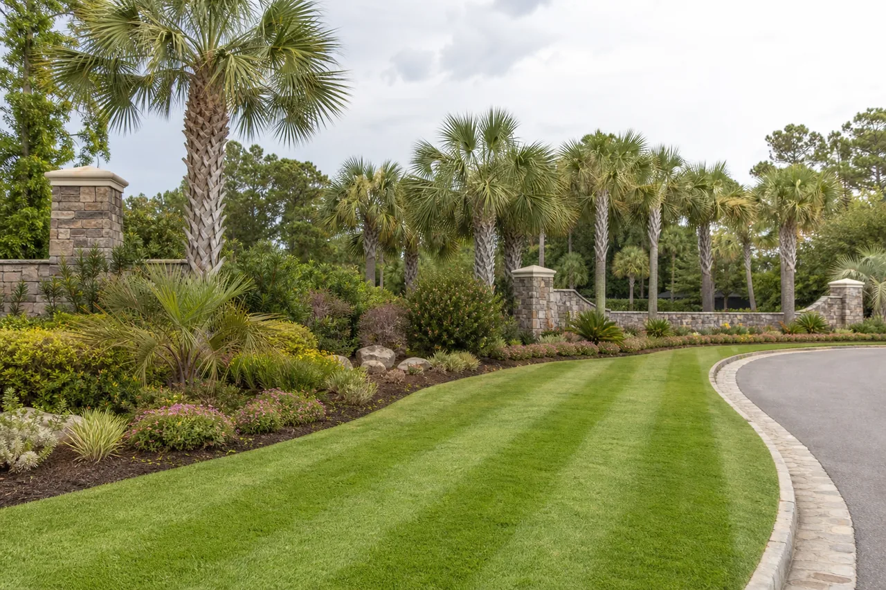 HOA or community grounds in Charleston: striped common turf, maintained beds, and curb appeal.
