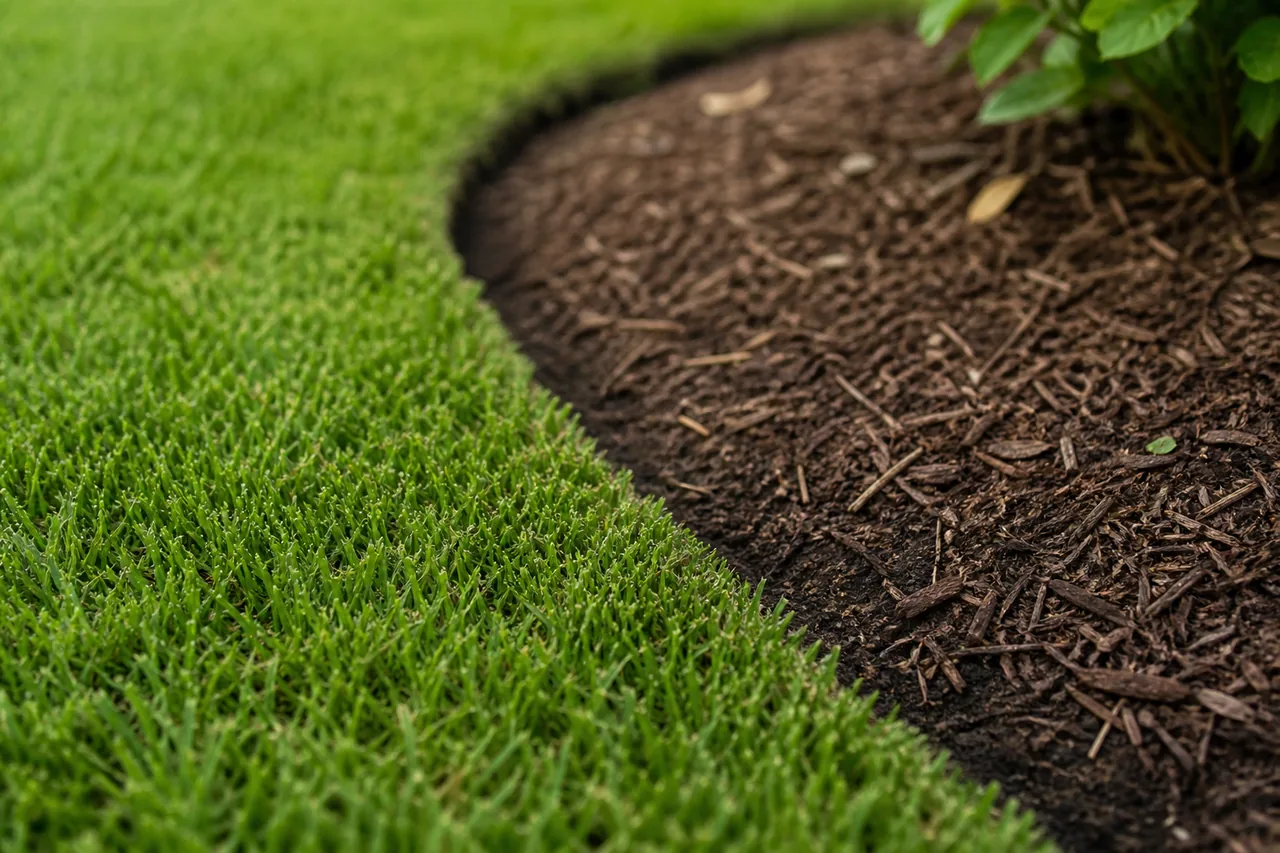 Craft-quality lawn edging detail along a mulch bed—precision turf maintenance Charleston SC.