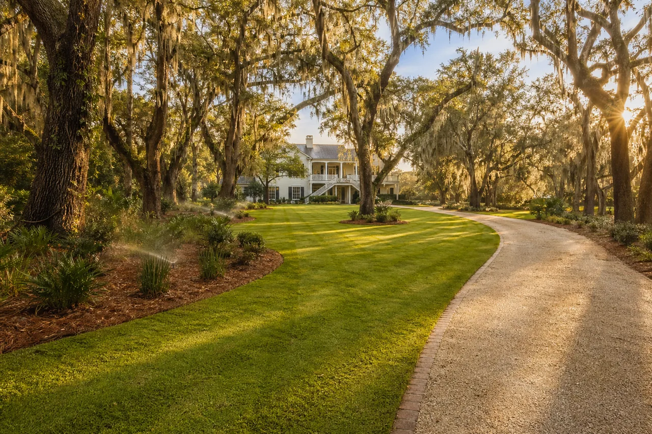 Large Charleston SC estate lawn: long turf lines, oak canopy, consistent weekly property care.