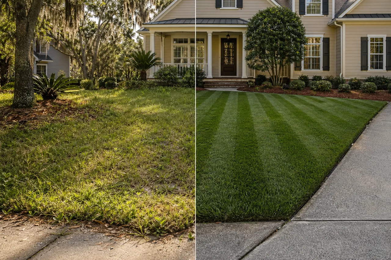 Weekly lawn maintenance Charleston SC—striped turf, sharp edging, refreshed beds after structured care.